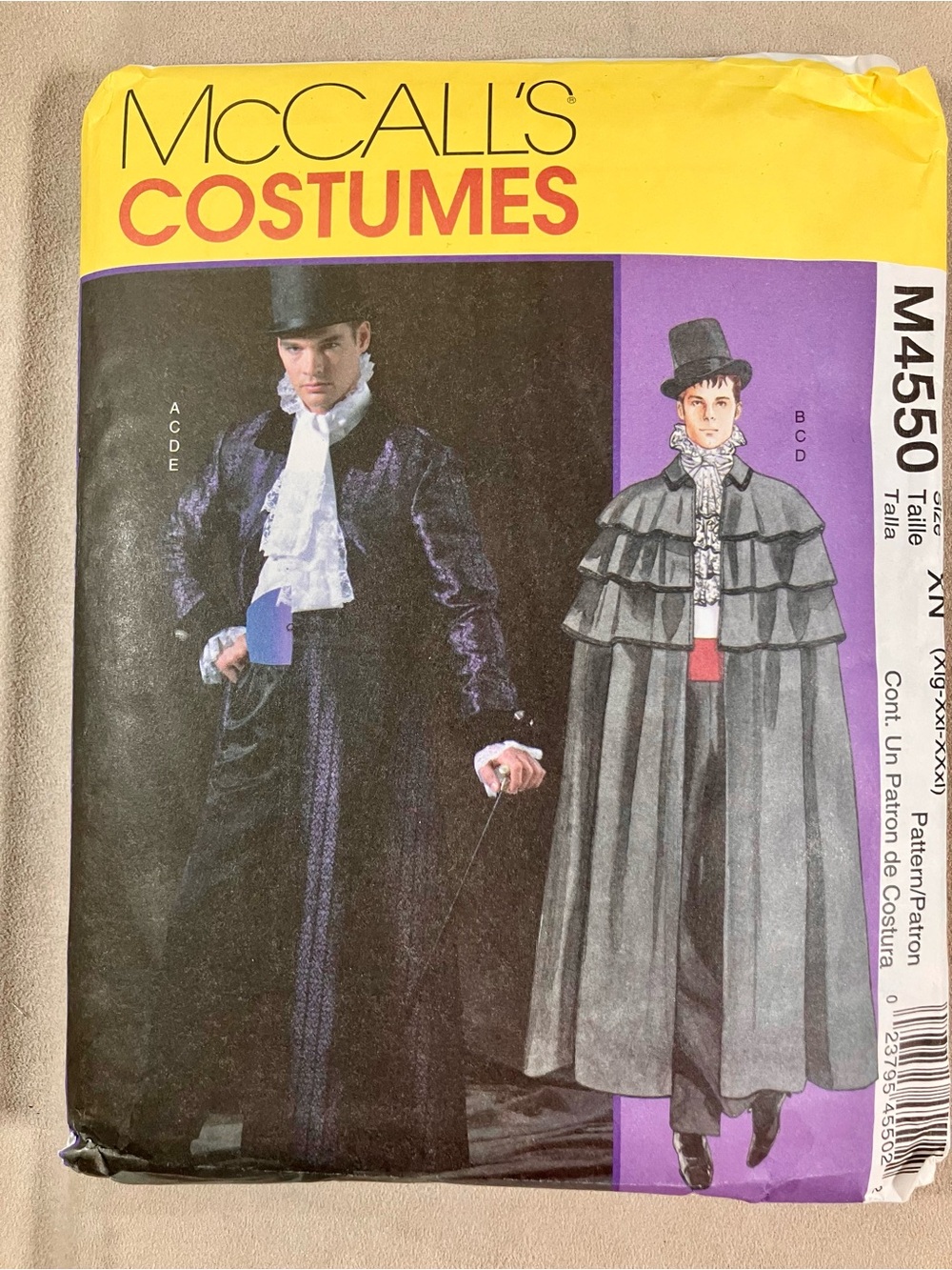 McCALL'S M4550 MEN'S VICTORIAN VAMPIRE CAPE JABOT SIZE XM (34-44), UNCUT, FF